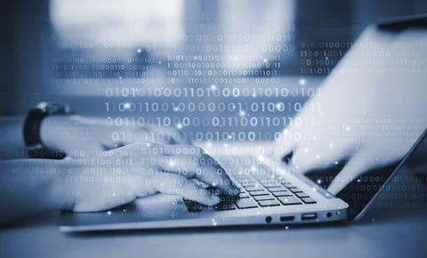 Businessman hand touch with Code html and programming on screen laptop,Progra Stockfoto's