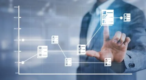 Businessman hand touch folder of document Management System,  online document Stock Photos