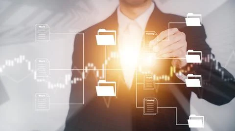 Businessman hand touch folder of document Management System,  online document Stock Photos