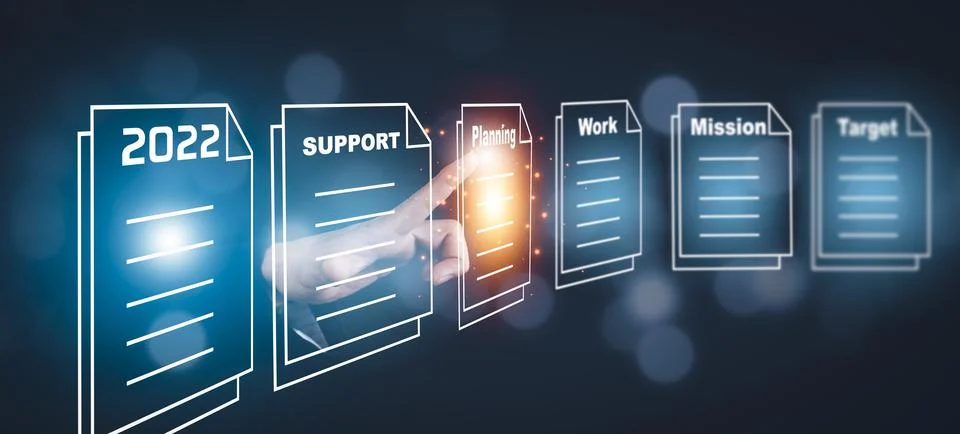Businessman hand touch folder of document Management System,  online document Stock Photos