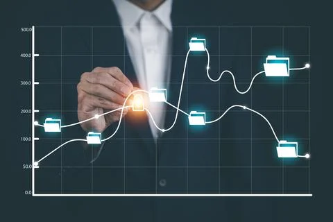 Businessman hand touch folder of document Management System,  online document Stock Photos