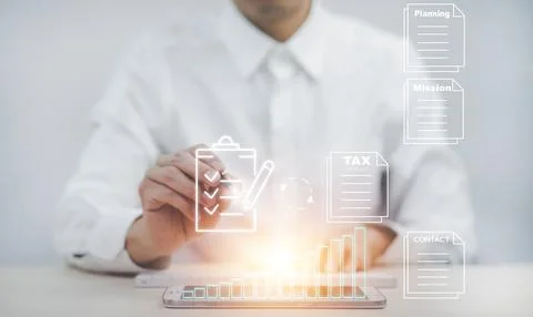 Businessman hand touch folder of document Management System,  online document Stock Photos