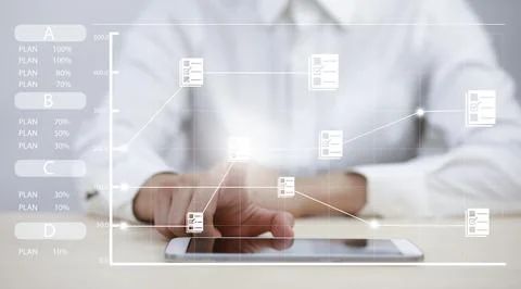 Businessman hand touch folder of document Management System,  online document Stock Photos