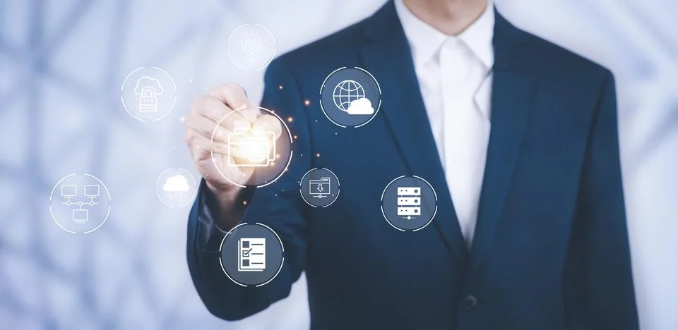 Businessman hand touch folder of document Management System,  online document Stock Photos
