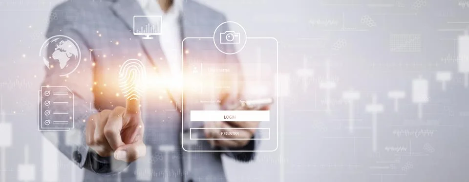 Businessman hand touch folder of document Management System,  online document Stock Photos