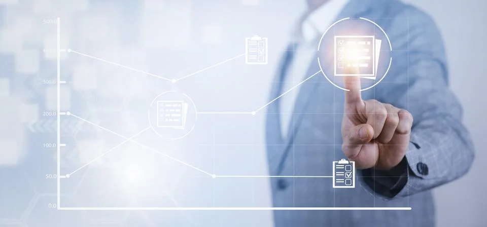 Businessman hand touch folder of document Management System,  online document Stock Photos