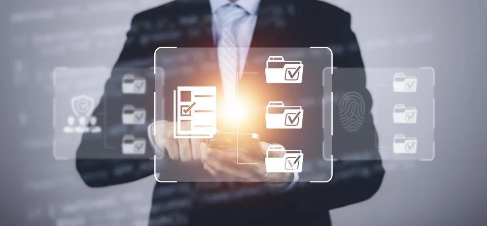Businessman hand touch folder of document Management System,  online document Stock Photos