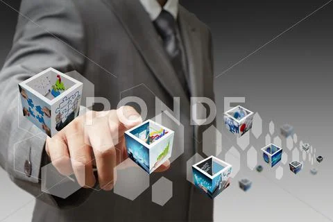 Businessman hand touch virtual button and 3d images Stock Illustration