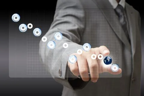 Businessman hand touch virtual graph,chart,with glass bubble sign as concept Illustrazione stock