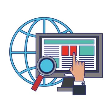 Businessman hand touching computer global business blue lines Stock Illustration