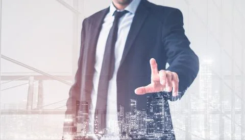 Businessman hand touching empty virtual screen, modern business background co Foto stock