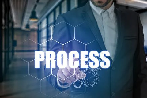 Businessman hand touching PROCESS point, network connection Stockfoto's