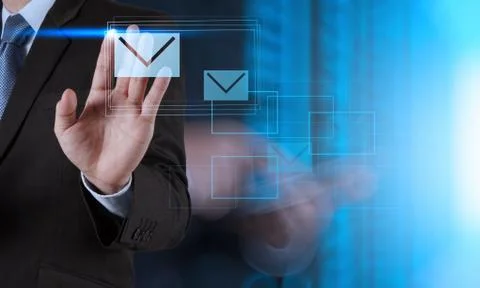 Businessman hand use interactive computer with virtual email icon イラスト素材