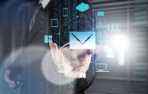 Businessman hand use interactive computer with virtual email icon as concept Illustration