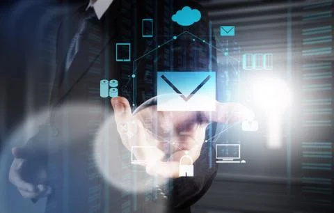 Businessman hand use interactive computer with virtual email icon as concept Illustrazione stock