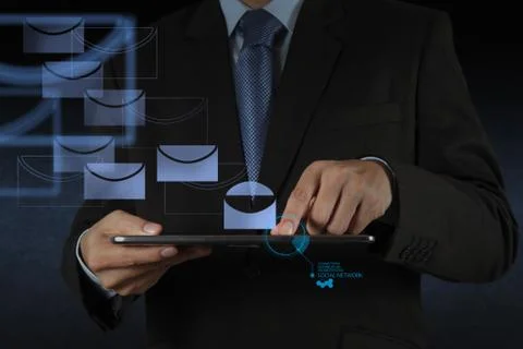 Businessman hand use tablet computer with virtual email icon Stock-Illustration