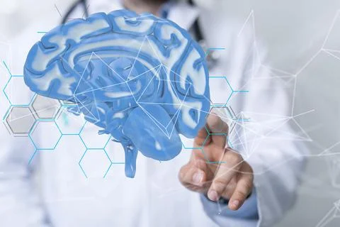 Businessman hand using 3D rendering globe network brain hologram Foto stock