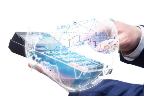 Businessman hand using calculator with digital globe network, financial cha.. Stock Photos