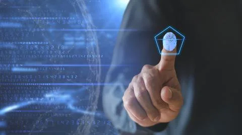 Businessman hand using fingerprint identification to access personal financia Stock Photos