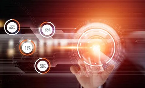 Businessman hand using modern future technology interface on virtual screen Stock-Fotos