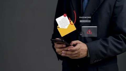 Businessman hand using smartphone, get phishing email scam. Hacker attack, .. Stock Photos