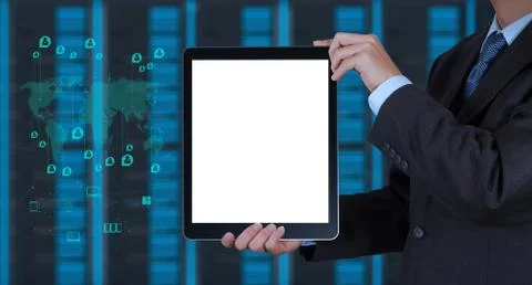 Businessman hand using tablet computer and server room background 스톡 일러스트