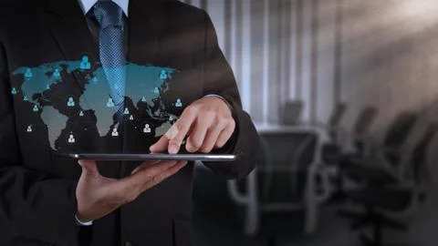 Businessman hand using tablet computer and board room Иллюстрация