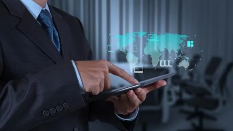 Businessman hand using tablet computer and board room 스톡 일러스트