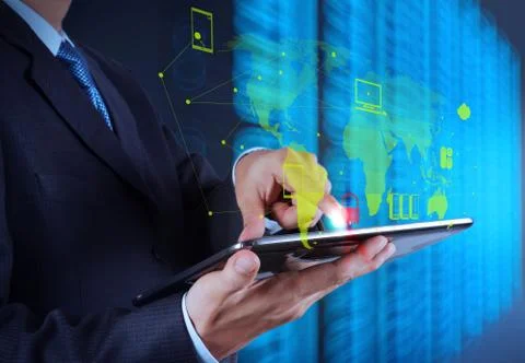 Businessman hand using tablet computer and server room background Stock Illustration