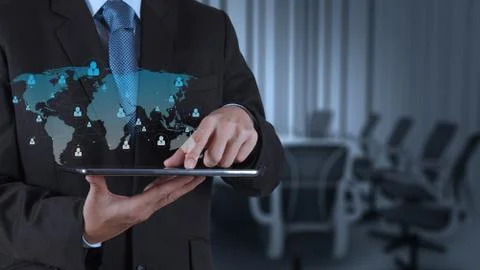 Businessman hand using tablet computer and board room Stock Illustration