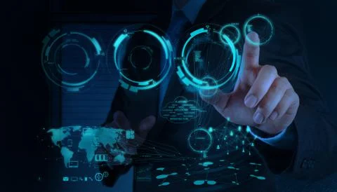 Businessman hand working with a cloud computing diagram on the new computer i Illustrazione stock