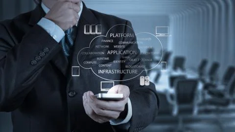 Businessman hand working with a cloud computing diagram on the new computer i Stock Illustration