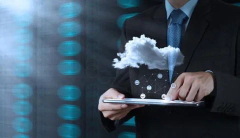 Businessman hand working with a cloud computing diagram on the new computer i Stock Illustration