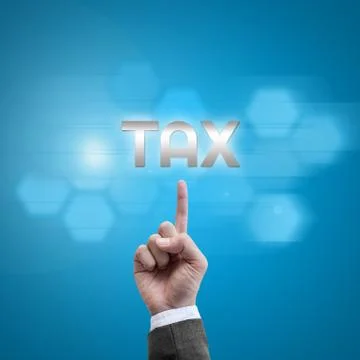 Businessman hand working with modern computer interface as tax concept Stock Illustration