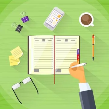 Businessman Hand Write Pen Notebook Desk Flat Stock Illustration
