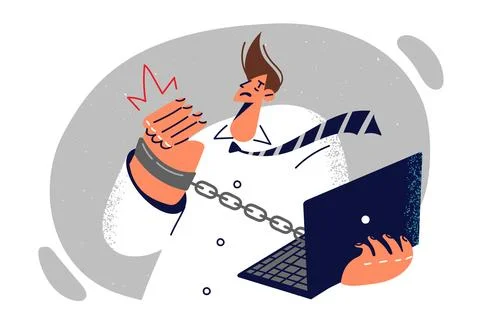 Businessman handcuffed to laptop symbolizes strict deadlines and lack of free Ilustración de archivo