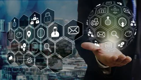 Businessman handel programing control on hand with cityscape background Stock Photos