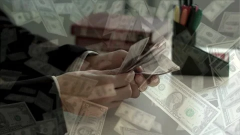 Businessman Hands Counting Cash Stack with Falling Dollar Banknotes Overlay 動画素材 336478421