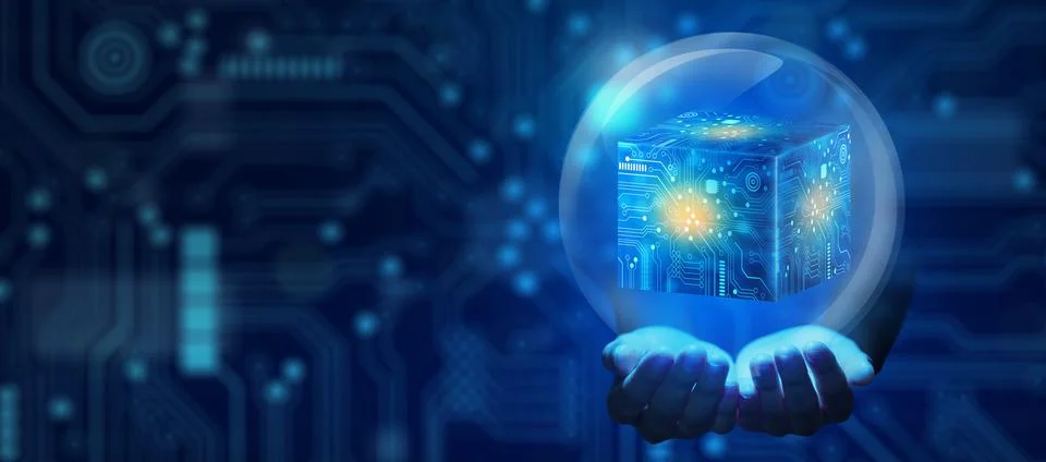 Businessman hands holding Cube computing technology. Cloud data and Internet Stock Photos