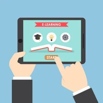Businessman hands holding tablet computer with e-learning system Stock Illustration