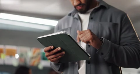 Businessman, hands or browsing on tablet in office for brand design, logo review Stock Footage 316582630