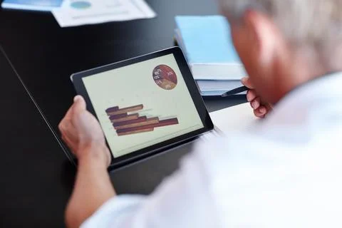 Businessman, hands or statistics with tablet for analytics or performance r.. Stock Photos