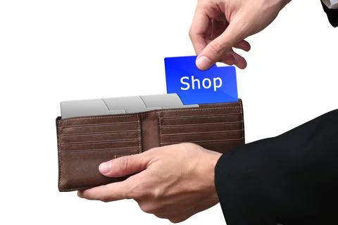 Businessman hands pulling folder Shop concept on brown wallet. Stock Photos