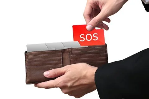 Businessman hands pulling folder SOS concept on brown wallet. Stock Photos
