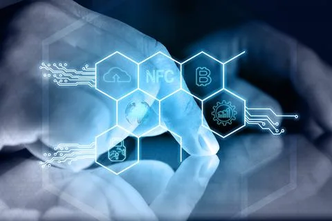 Businessman hands using tablet and virtual hexagons hologram with digital bus Stock Photos