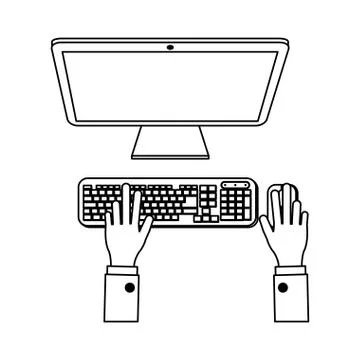 Businessman hands working on computer black and white Stock Illustration