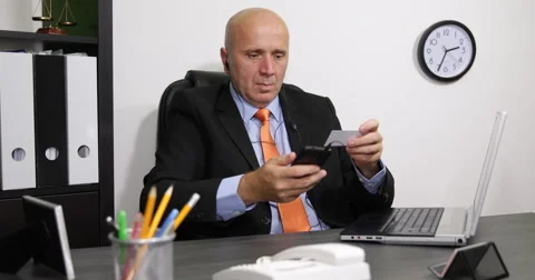Businessman Handsfree Cell Talk Using Visit Card Calls Phone Number Information Stock Footage 58593616