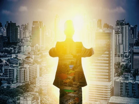 Businessman happy and looking Bangkok cityscape. Double exposure. Stock Footage
