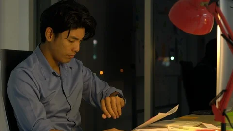 Businessman hard working with desktop computer to late night at office. Stock Footage 109245817