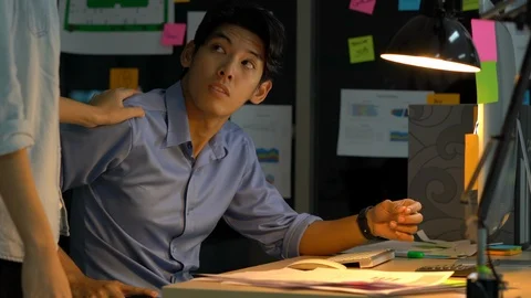Businessman hard working with desktop computer to late night at office. Stock Footage 109298407